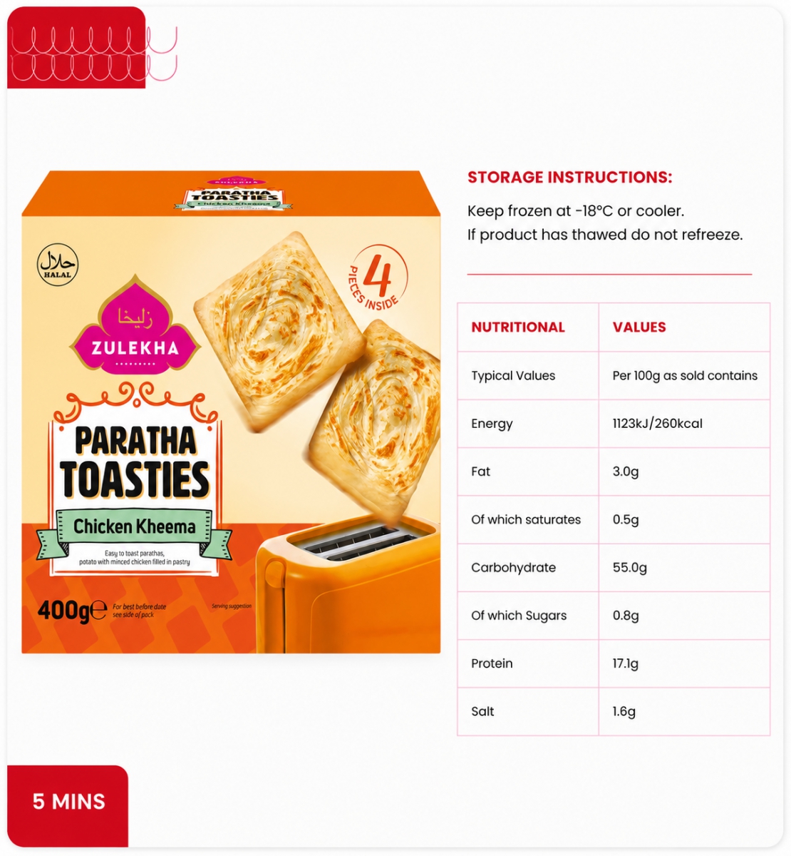 Zulekha Paratha Toasties Chicken 400g